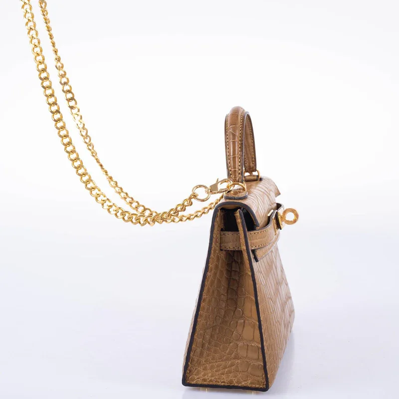 棕色鳄鱼皮凯莉手提包，侧边长20厘米