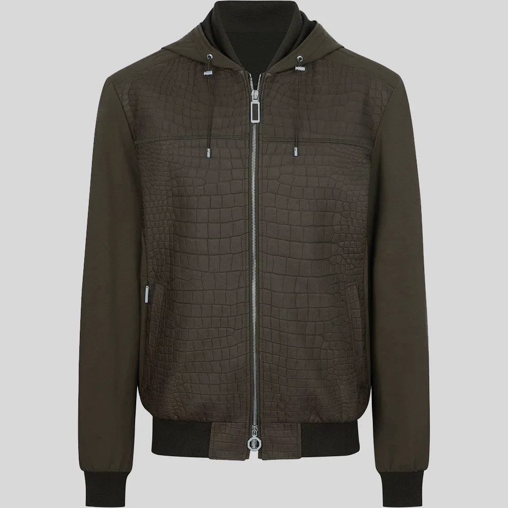 棕色鳄鱼皮夹克涤纶连帽衫