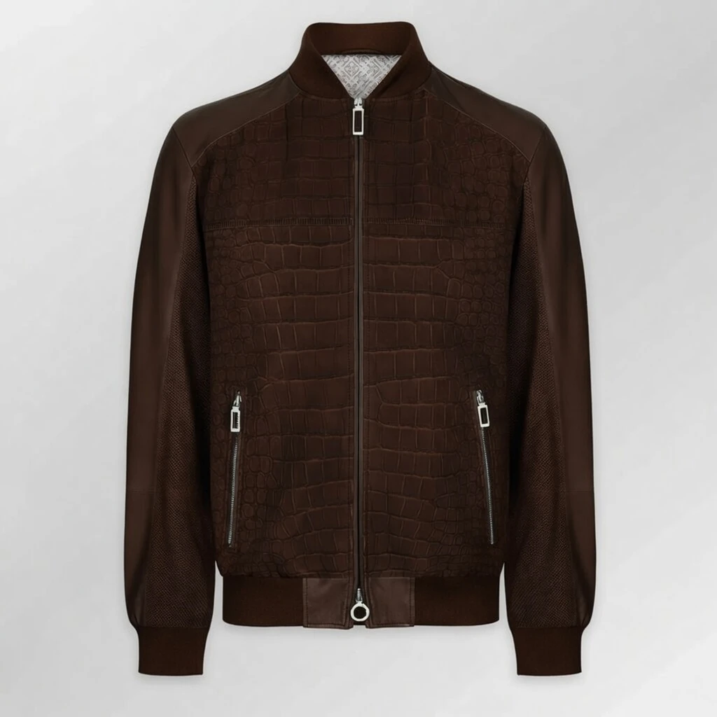 Brown Leather Nubuck Crocodile Jacket