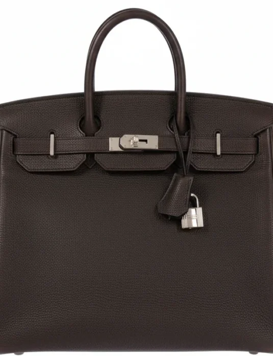 棕色 Togo 皮革手提包，配钯金配件和挂锁扣，从正面和侧面角度展示。