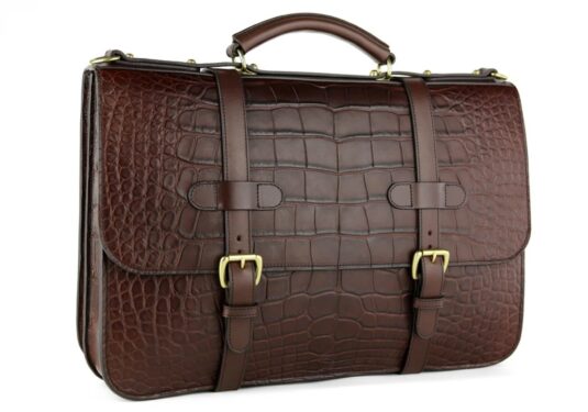 Brown alligator briefcase english design side front