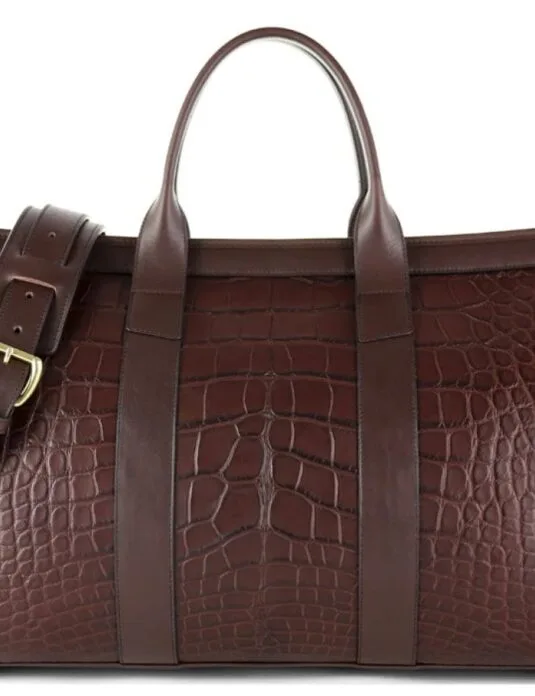Brown alligator duffle bag front