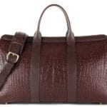 Brown alligator duffle bag front