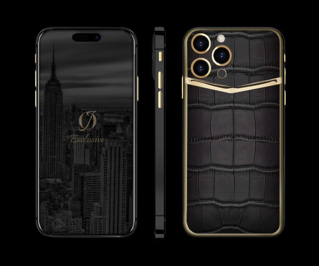 آيفون 14 برو ماكس مخصص أسود تمساح وظهر ذهب 24 قيراط