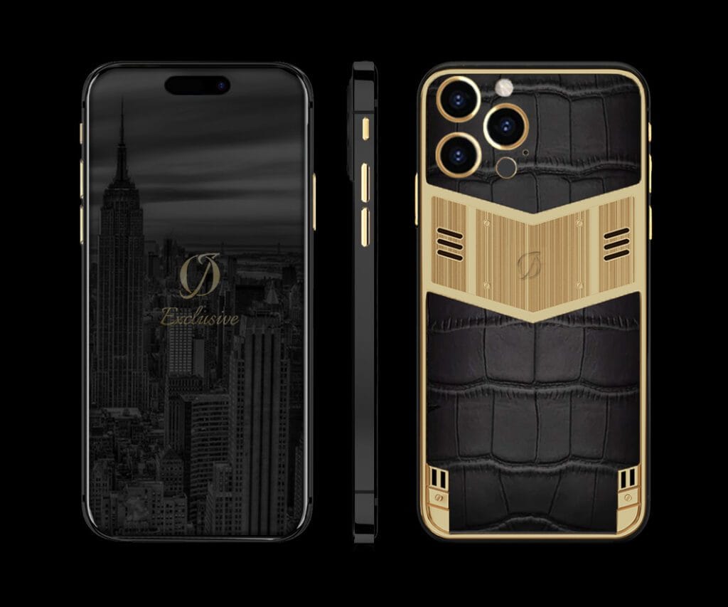 CUSTOM IPHONE 14 PRO MAX BLACK CROCODILE AND 24K GOLD BACK V DESIGN