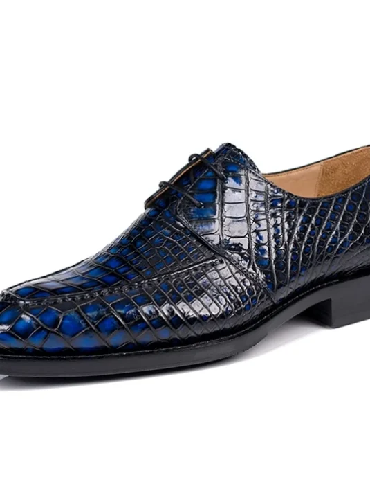 Blue alligator leather derby shoes with scaled texture and classic lacing system