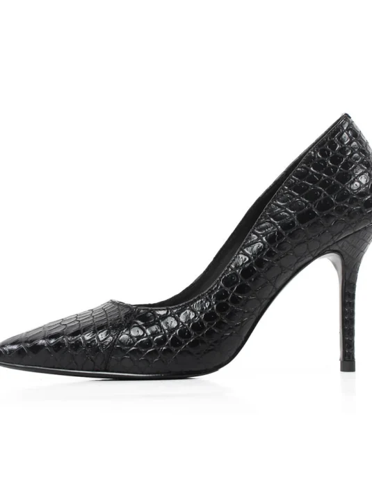Black crocodile leather stiletto heels showing textured crocodile skin pattern and pointed toe design