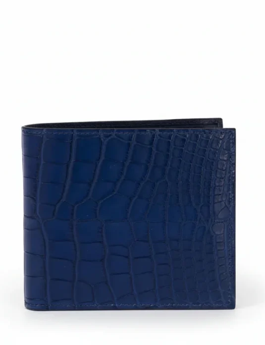 Dark blue crocodile bifold wallet showing scaled leather exterior and interior card compartments
