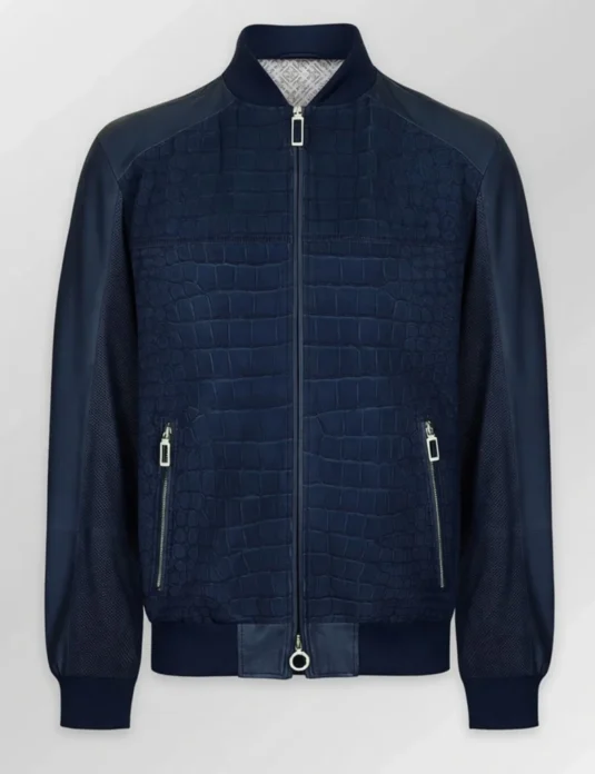 Dark blue crocodile leather jacket with bomber style design and perforated sleeves