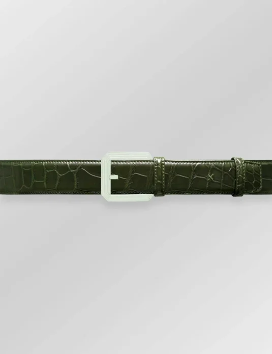 Dark green alligator leather belt with translucent square buckle showing natural scale texture