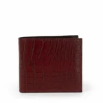 Dark red crocodile bifold wallet showing textured exterior and interior card slots