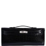 Dark blue crocodile clutch with Kelly cut design and diamond details handcrafted luxury handbag