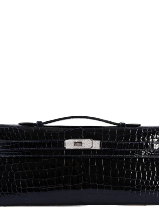 Dark blue crocodile clutch with Kelly cut design and diamond details handcrafted luxury handbag