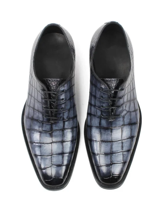 Blue crocodile leather oxford shoes with rectangular scale pattern and patina finish