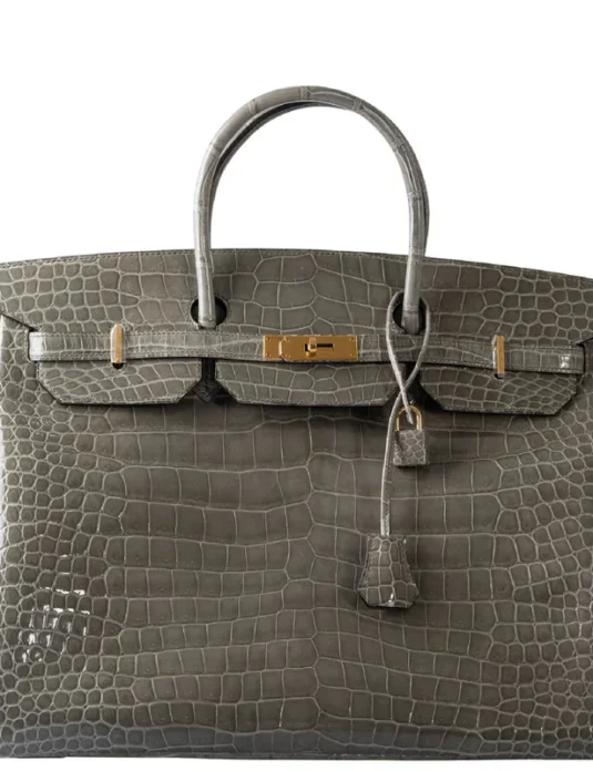 灰色鳄鱼皮铂金包，配金色五金配件和亮面漆。