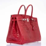 红色鳄鱼皮铂金包，亮面皮革，钯金配件
