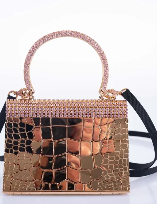 金色鳄鱼皮手提包，镶嵌钻石，配以玫瑰金皮革和水晶装饰