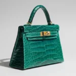 Green alligator leather handbag Kelly style 20cm with gold hardware and structured top handle