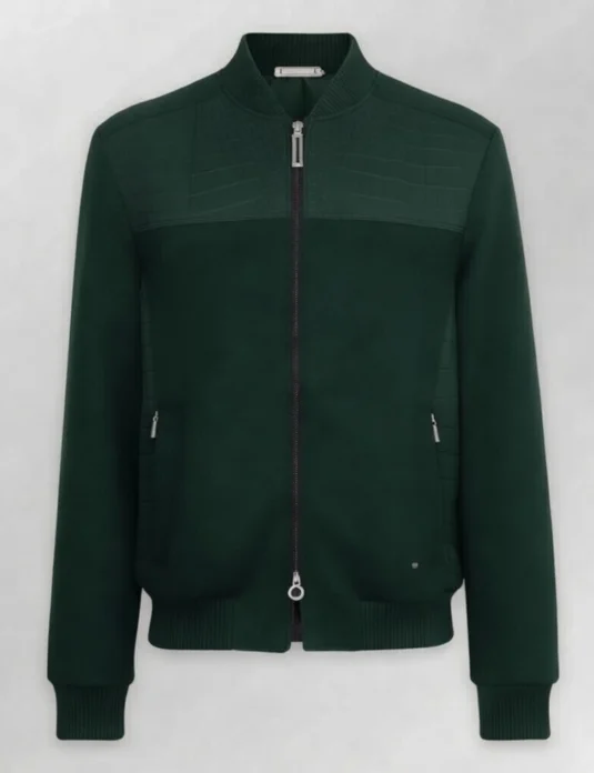 Green crocodile bomber jacket in nubuck cashmere leather with ribbed collar and full zip closure