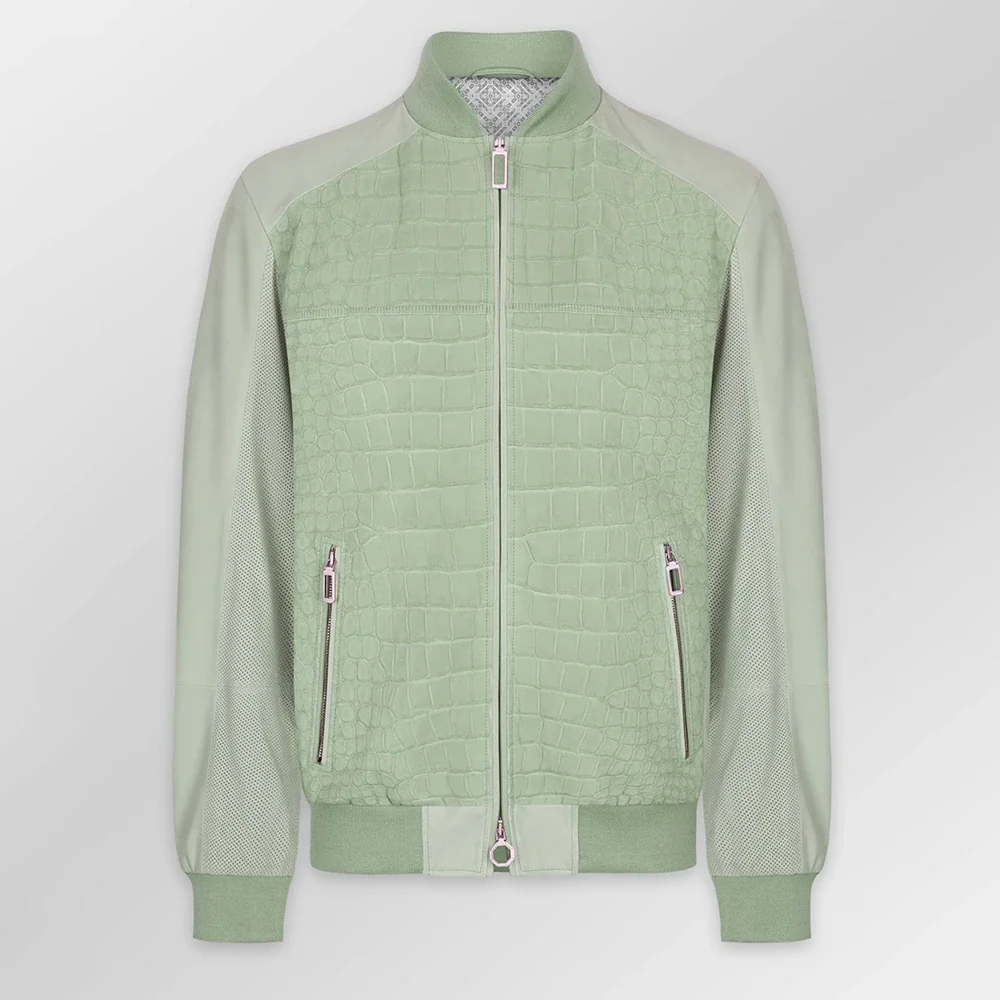 Green Nubuck Leather Bomber Jacket