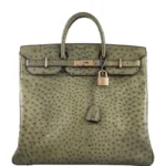 Borsa a mano in pelle di struzzo verde, modello Birkin, con dettagli e lucchetto color oro rosa