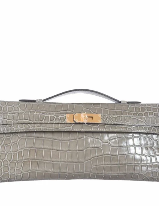 灰色鳄鱼皮手拿包，凯莉剪裁设计，配有旋锁扣和顶部提手