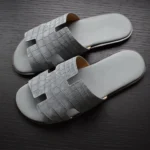 Grey crocodile sandals handcrafted luxury slide footwear with H-strap design