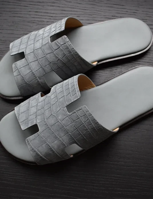 Grey crocodile sandals handcrafted luxury slide footwear with H-strap design