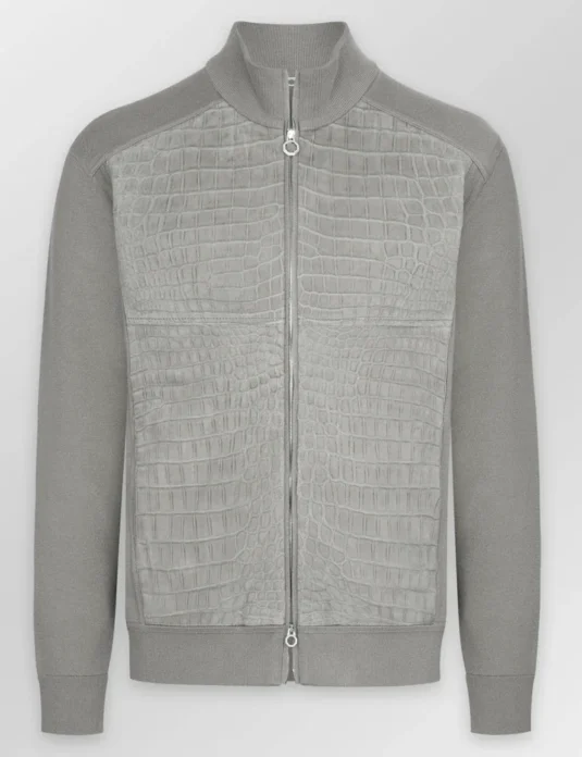 Chaleco gris de seda con estampado de cocodrilo, con paneles frontales de piel de cocodrilo nobuk y mangas de punto de seda