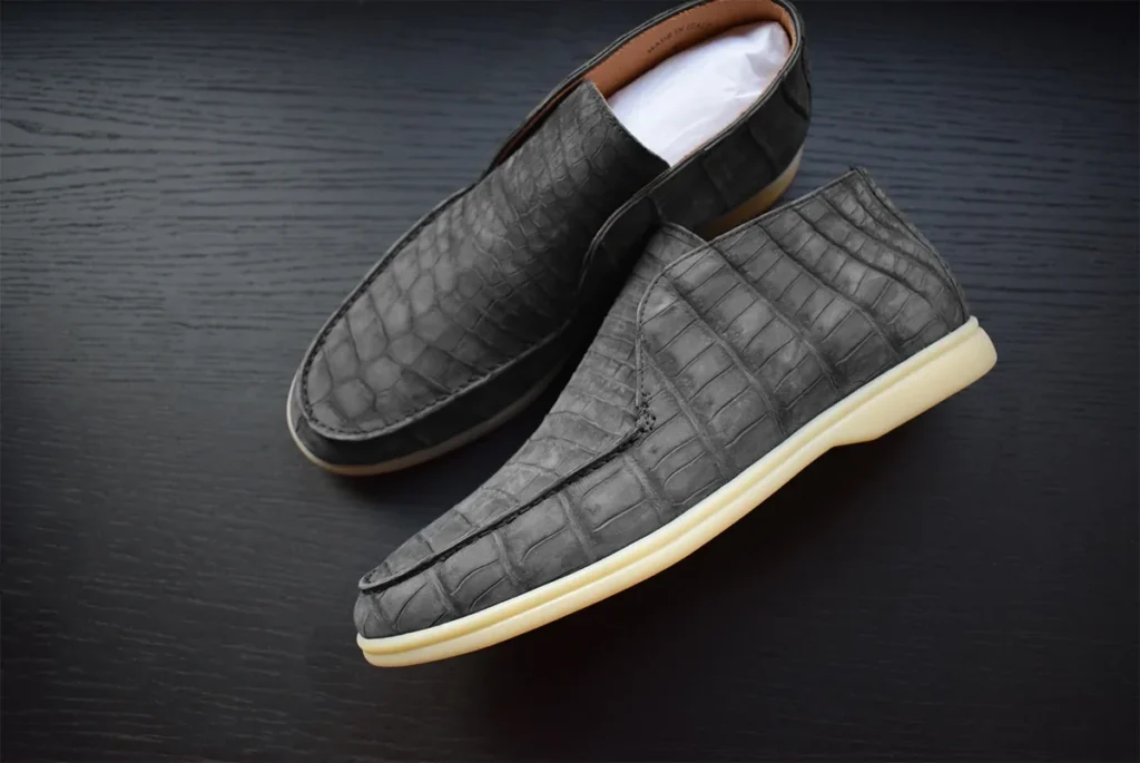 Grey nubuck crocodile open walk loafers