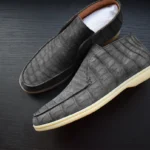 Grey crocodile nubuck loafers handcrafted with matte finish and cream rubber soles