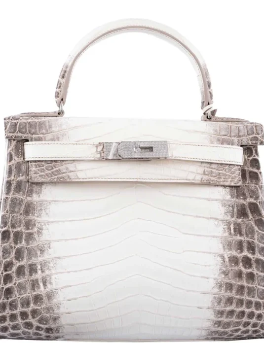 喜马拉雅鳄鱼皮手袋 Kelly，配有钻石五金，展现从白色到灰褐色的渐变异域皮革