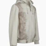 Cream hoodie jacket with a metallic crocodile-embossed panel on the front and ribbed cuffs