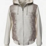 Beige crocodile leather jacket with hood showing Himalayan crocodile skin pattern and cream leather sleeves