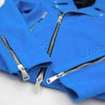 LIGHT BLUE SUEDE BIKER JACKET UP CLOSE