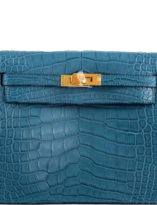 Light blue alligator handbag Kelly Danse style with gold hardware and crocodilian texture