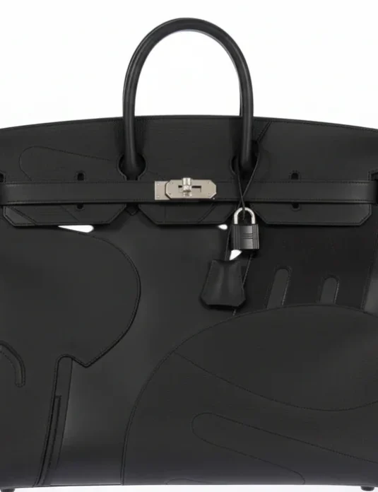 白色背景上的黑色皮革手提包，廓形挺括，线条流畅。