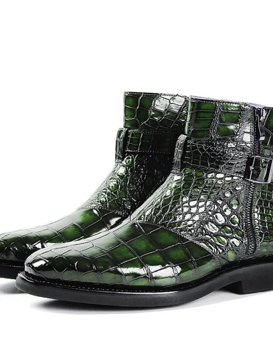 Green alligator leather boots with lace-up design and ankle strap buckle closure