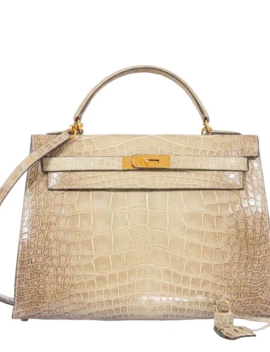 米色鳄鱼皮手提包，搭配金色五金配件，Kelly 款式设计，尽显鳄鱼皮纹理。