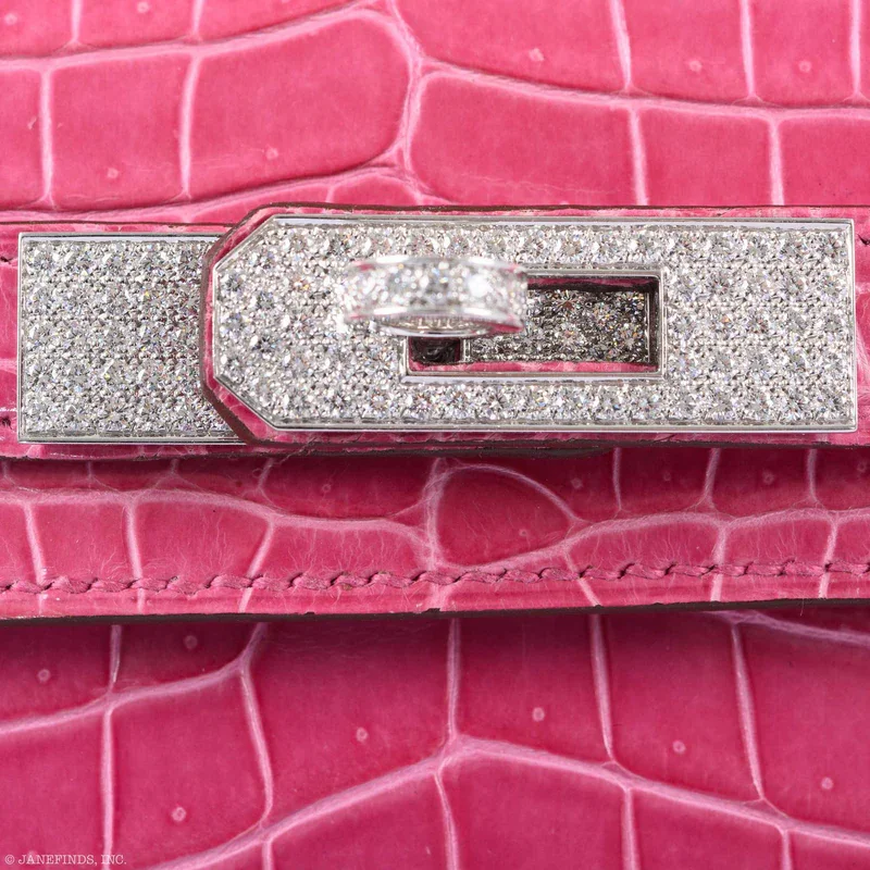 Pink Crocodile Clutch Kelly Cut Diamonds close up