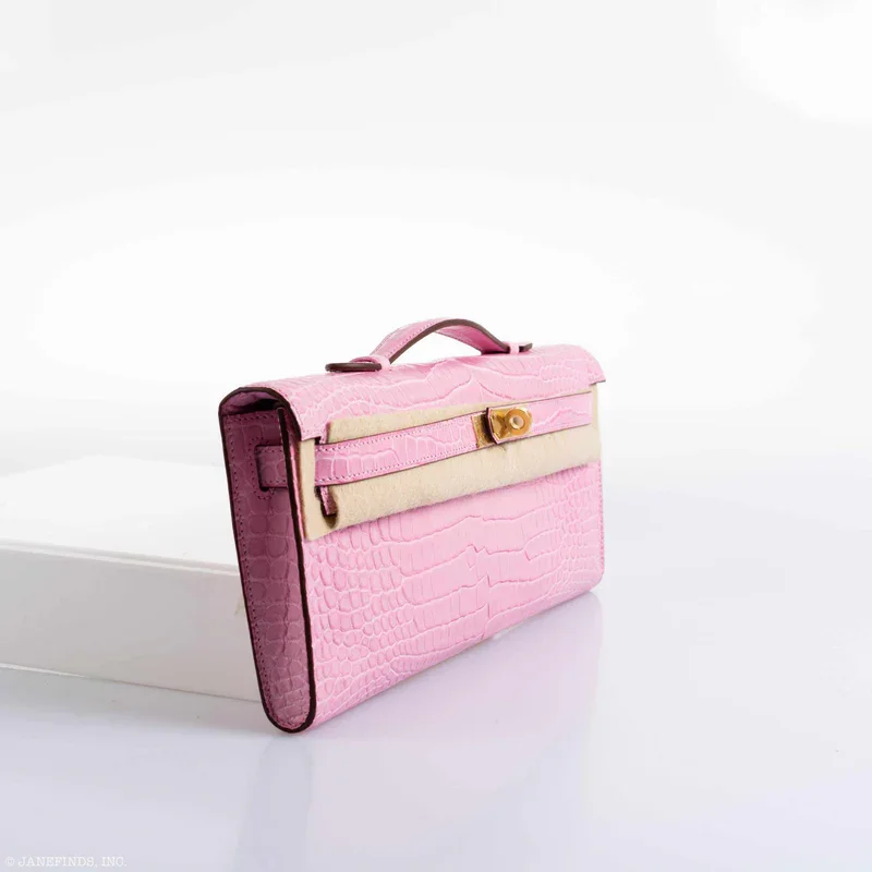 Pink Crocodile Clutch Kelly Cut side