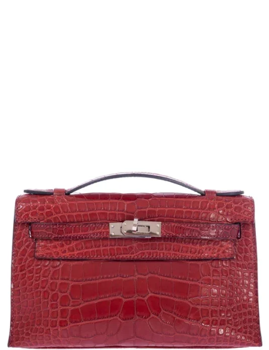 Red crocodile clutch bag Kelly pochette with textured leather scales and top handle