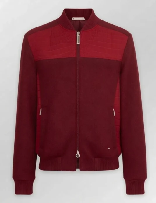 Red crocodile bomber jacket in burgundy cashmere and nubuck crocodile leather with ribbed collar
