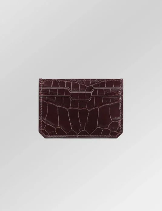 Red crocodile leather card holder showing burgundy exotic skin texture and multiple card slots