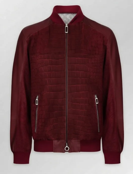 Red crocodile leather jacket with burgundy nubuck construction and embossed crocodile panels