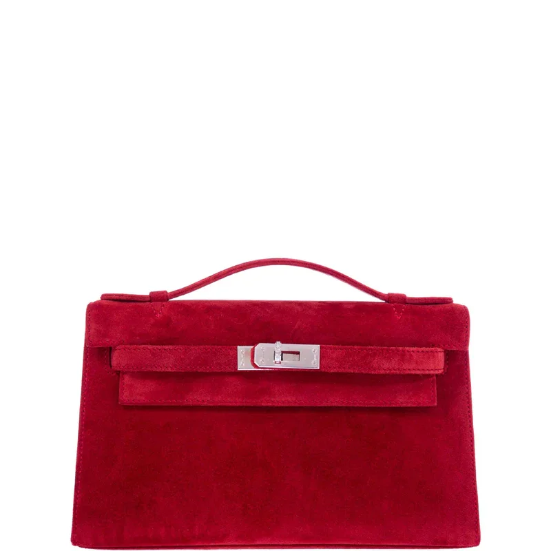 红色麂皮凯莉手拿包，18K白金