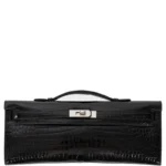 Black crocodile leather clutch with Kelly-style design and silver hardware shown from front and back views