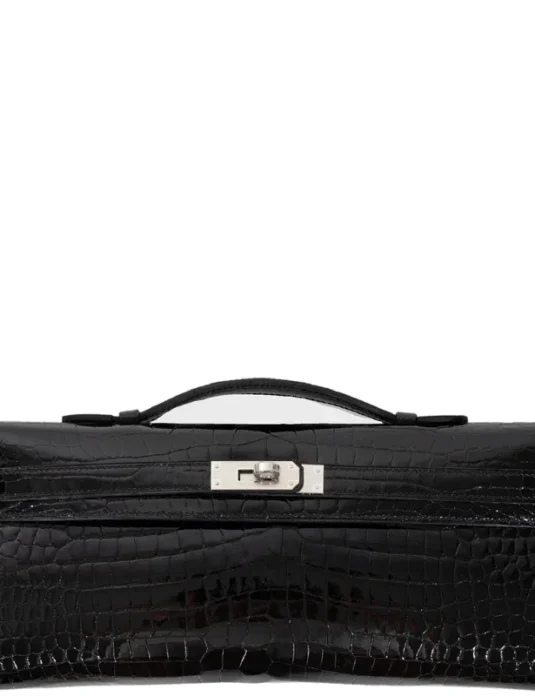 Black crocodile leather clutch with Kelly-style design and silver hardware shown from front and back views