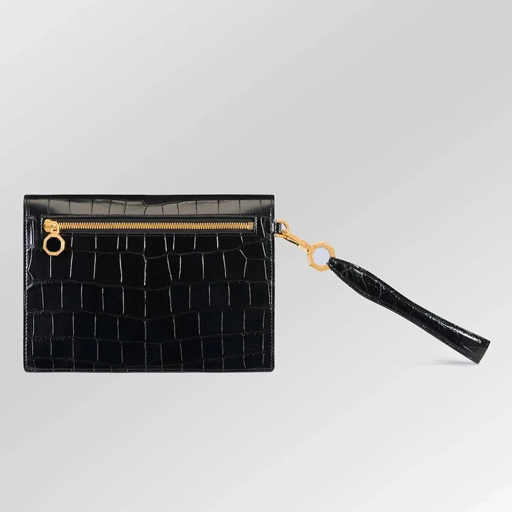 Shiny Black Crocodile Pouch with strap