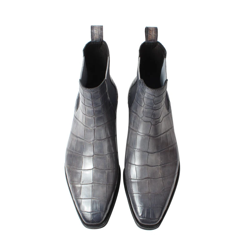 Stivali Chelsea da uomo grigio argento, scarpe da esterno in pelle di coccodrillo